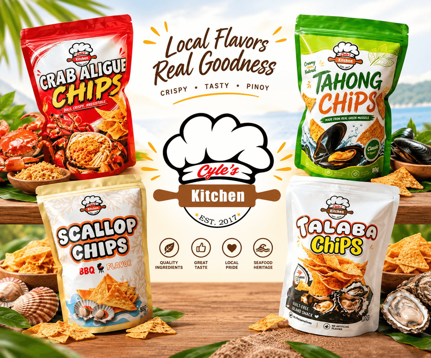 Cyle's Food Products seafood chips from Capiz: crab aligue, tahong, scallop, and talaba