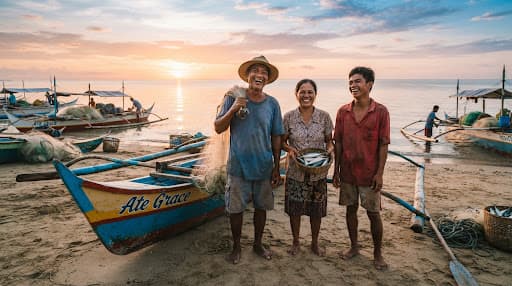 Fisherfolk in Roxas City, Capiz smiling beside traditional bangka boats at sunrise